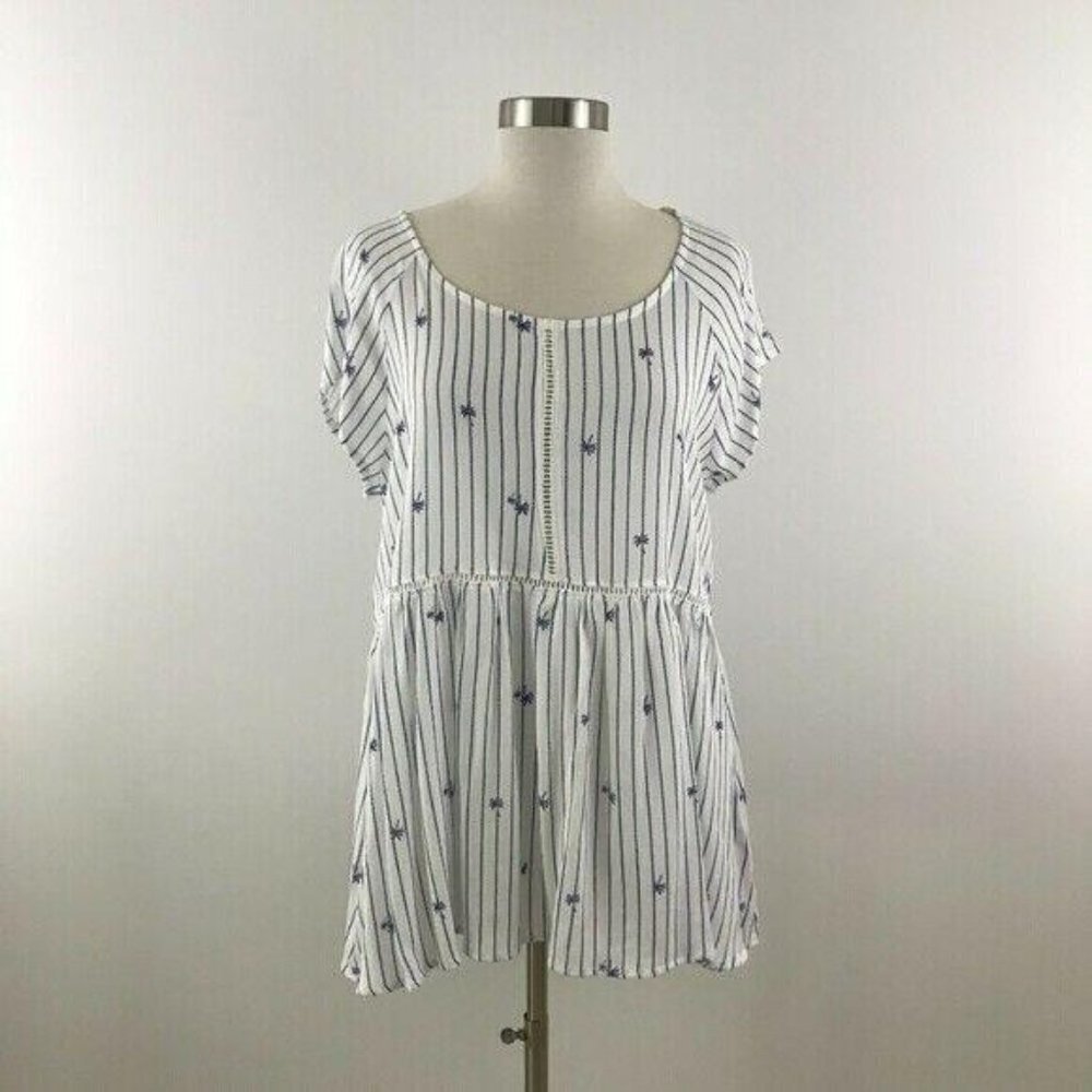 CRESCENT Top Women L White Blue Stripe Palm Tree Print Short Sleeve Drop Waist